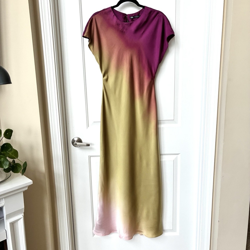 Zara Viral Satin Ombre Maxi Dress - Magenta  Fuchsia Gold  Chartreuse Green Sz M